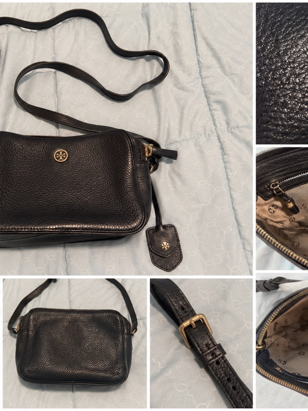 Tory Burch Black Pebbled Leather Gold-Accented Crossbody